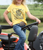 Cruel Girl Women's Retro Cowgirl Puff Print Short Sleeve Tee in yellow on a young girl riding a tractor.