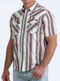 Cinch Men's Short Sleeve Striped Western Snap Shirt in White, Mauve, and Grey with dual snap-flap pockets.