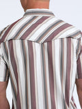 Cinch men's short sleeve striped western snap shirt in white, mauve, and grey, showcasing the back design and western yokes.