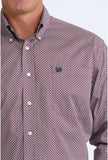 Close-up of Cinch Men's Classic Fit Long Sleeve Button-Down Western Shirt in purple geometric print.