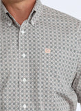 Cinch Men's Short Sleeve Geometric Print Button-Down Shirt in gray and pink, featuring a modern western design.