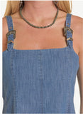 Rock & Roll Denim Women's Buckle Strap Flared Denim Mini Dress – Medium Wash