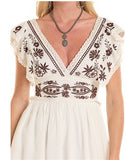 Rock & Roll Denim embroidered mini dress featuring a sleeveless design and V-neck with floral details.