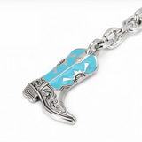 Wrangler turquoise enamel cowboy boot charm on a sturdy chain for western style accessories.