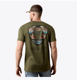 Ariat Men's Rust Serape Shield Graphic Tee featuring a bold graphic design on an olive green background.