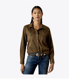 Ariat Women's Autumn Drift Western Snap Shirt in brown with Western yoke and pocket details, styled with jeans.