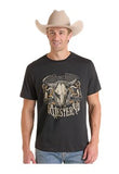 Rock and Roll Denim Men's Short Sleeve Skull Graphic Tee worn by a smiling man in a cowboy hat.