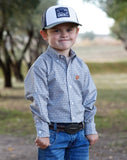 Cinch Boys Infant Long Sleeve Geometric Print Western Shirt modeled by a young boy outdoors, showcasing western style.