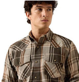 Ariat Men's Retro Howell Fitted Snap Shirt in dusky green plaid, showcasing western style and slim fit design.