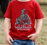 Cinch Infant Boys Short Sleeve Graphic Tee in burgundy featuring bold logo graphic and cowboy riding a horse.