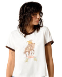 Ariat Women's Sundance Short Sleeve T-Shirt featuring a cowboy riding a horse with a rodeo graphic.