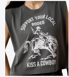 Ariat Women's Kiss a Cowboy Graphic T-Shirt featuring a vintage rodeo print in a boxy cropped fit.