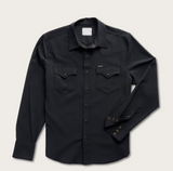 Tecovas Men's Performance Western Pearl Snap Long Sleeve Shirt in black with pockets and buttons.