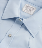 TECOVAS Performance Western Pearl Snap shirt detail in sky blue with classic collar and label.