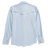 Tecovas Men's Performance Western Pearl Snap Long Sleeve Shirt back view in sky blue.
