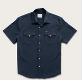 Tecovas Men's Performance Western Short Sleeve Pearl Snap Shirt in Navy, featuring moisture-wicking fabric and a stylish design.