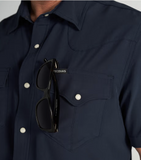 Tecovas Men's Performance Western Short Sleeve Shirt in Navy with sunglasses in the chest pocket.