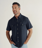 Tecovas Men's Performance Western Short Sleeve Pearl Snap Shirt in Navy, showcasing style and comfort for hot days.