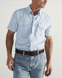 Tecovas Men's Performance Western Short Sleeve Pearl Snap Shirt in Sky color, featuring a stylish design and practical features.
