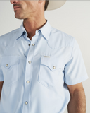 Tecovas Men's Performance Western Short Sleeve Pearl Snap Shirt in Sky color, featuring front chest pockets and snap buttons.