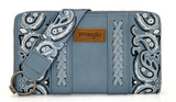 Wrangler WG331-W115JN braided paisley bandana wallet in blue with adjustable wristlet strap and signature logo.