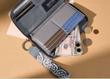 Interior view of Wrangler WG331-W115JN wallet showing RFID-protected card slots, cash, coins, and paisley wrist strap.