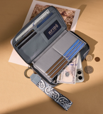 Interior view of Wrangler WG331-W115JN wallet showing RFID-protected card slots, cash, and coins.