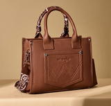 Wrangler Women's Braided Paisley Bandana Tote Crossbody Bag in brown, featuring paisley scarf and premium PU leather.