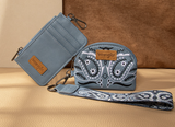 Wrangler Women's Paisley RFID blocking card holder and coin pouch set in blue with paisley wrist strap on tan background.
