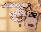 Wrangler Women's Paisley Card & Coin Pouch Set in pink with wrist strap and RFID protection.