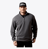Ariat Men's Core 1/4 Zip Sweatshirt in Dark Shadow worn by a man with a cap, showcasing comfort and style for outdoor activities.