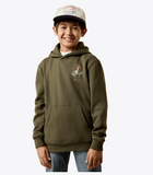 Ariat Youth International Rodeo Hoodie in olive green worn by a smiling boy, featuring kangaroo pocket for comfort.