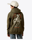 Ariat Youth International Rodeo Hoodie in olive green worn by a boy, showcasing rodeo-themed graphic design on the back.