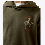 Ariat Youth International Rodeo Hoodie featuring a cowboy graphic and kangaroo pocket in olive green.