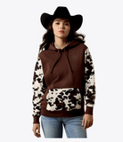 Ariat Women's Logo 2.0 Hoodie in Chicory Coffee with cow print sleeves, perfect for casual days and cool mornings.
