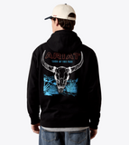Ariat Men's Bison Bureau Hoodie featuring a striking bull skull design on the back with vibrant colors, perfect for casual wear.