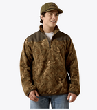 Ariat Men's Basis Fleece Pullover in Savannah Tan Camo worn by a smiling man, perfect for Western style and comfort.