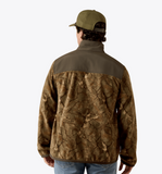 Ariat Men's Basis Fleece Pullover in Savannah Tan Camo, showcasing the back view on a model.