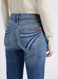 7 For All Mankind Dojo Tailorless Flare Jeans in mid wash showcased from the back, highlighting unique pocket design.