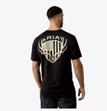 Man wearing Ariat Men's Euromount Patriot Graphic T-Shirt featuring bold patriot graphic on back.