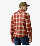 Back view of man wearing Ariat men's Retro Hatford fitted western snap shirt in plaid with a cap.