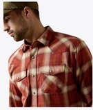Ariat men's retro Hatford fitted western snap shirt in red and beige plaid, showcasing tailored fit and western design.