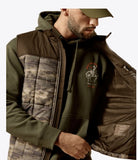 Ariat Men's Crius Insulated Camo Vest showcasing Cool Climate Insulation and sleeveless design for active wear.