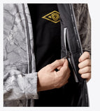 Ariat Men's Logo Softshell Jacket in grey camo, showcasing interior pocket detail and logo shirt underneath.