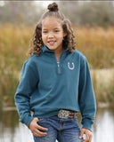 Cruel Girl girls' quarter-zip pullover CWK8023001 worn by a young cowgirl by a lake in a casual western outfit.
