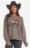 Rock & Roll Denim Women's Heathered Horse Sweater - Brown featuring a horse design, perfect for cozy western style.