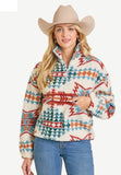 Woman wearing a Rock & Roll Aztec Print Sherpa 1/4 Zip pullover with a cowboy hat.