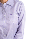 Cinch ladies purple pinstripe western shirt showcasing chest pocket with logo and classic button front.