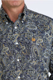 Cinch Men's Royal Blue Paisley Print Long Sleeve Shirt featuring embroidered logo and button details.