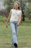 Cruel Girl Girls' High Rise Wide Leg Jean in Light Stonewash, young girl walking in stylish jeans and tank top.